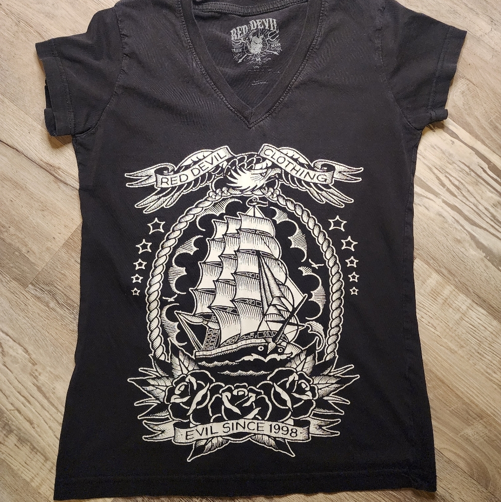 Red Devil Clothing  Graphic Tee with Ship Design